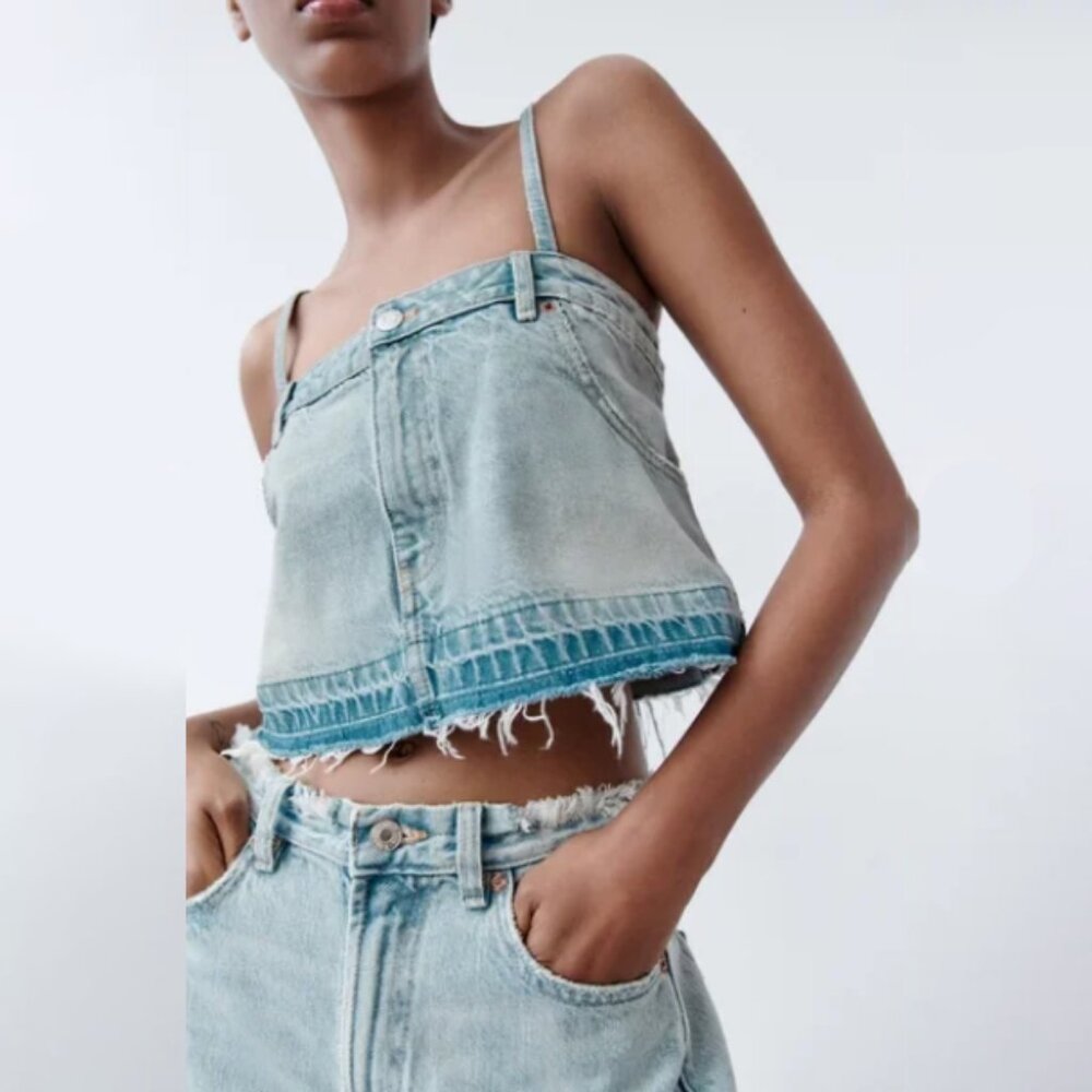 ZARA Cropped Denim/Jeans Tank Top w/ Spaghetti Straps